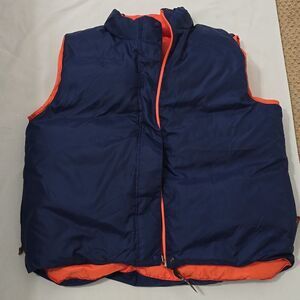 LL Bean Vest Jacket Womens Medium Blue Orange Puffer Goose Down Reversible